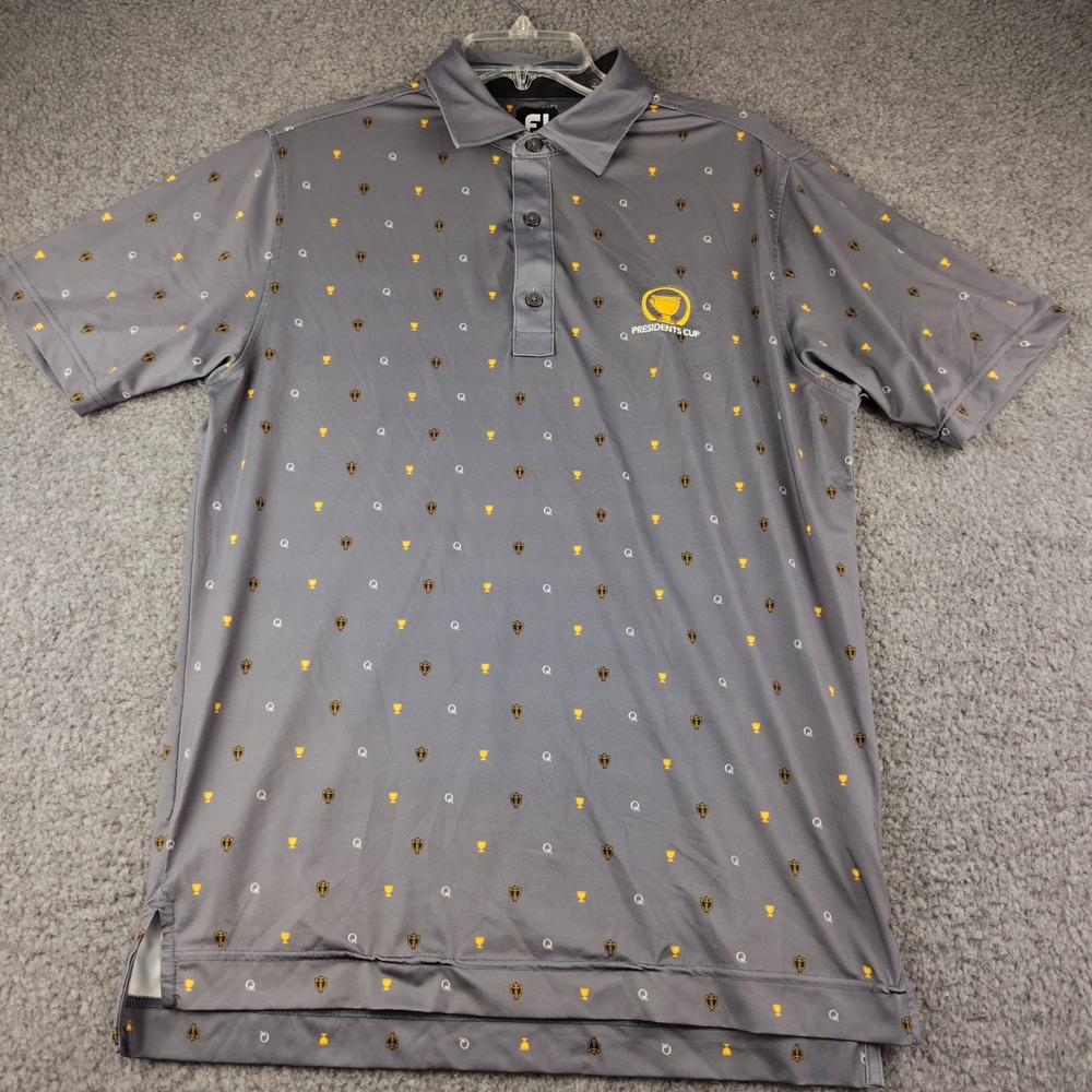 FootJoy Presidents Cup Golf Polo Shirt Mens Small Grey Trophies Print FJ Logo